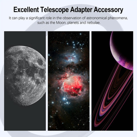 M54X0.75 Male To M48X0.75 Female Telescope Adapter with astronomy images including moon and nebulae, showcasing its usage.
