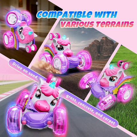 Unicorn Pink Remote Control Car For Girls, 360 Degree Rotating RC Stunt Car on various terrains including sand and grass