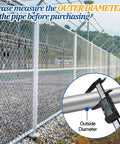 Chain link fence with note to measure outer diameter of pipe, showcasing 12 Pack End Rail T Clamp For One And Three Eighths Inch Chain Link Fence OD Pipe Galvanized T Connectors Beefy Heavy Duty Fittings With Nuts And Bolts Rust Resistant Outdoor Fence Parts.