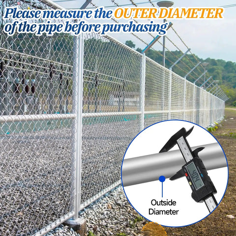 Chain link fence with note to measure outer diameter of pipe, showcasing 12 Pack End Rail T Clamp For One And Three Eighths Inch Chain Link Fence OD Pipe Galvanized T Connectors Beefy Heavy Duty Fittings With Nuts And Bolts Rust Resistant Outdoor Fence Parts.