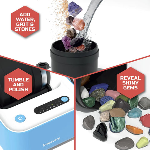Deluxe Rock Tumbler Kit For Kids And Beginners Turn Rough Rocks Into Shiny Gems With 20 Stones in tumbling process illustration