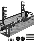 Under Desk Cable Management Tray No Drill Steel Desk Organizer with Side Opening Design Large Capacity Wire Management Rack Black 15.7 Inch Cord Hideaway