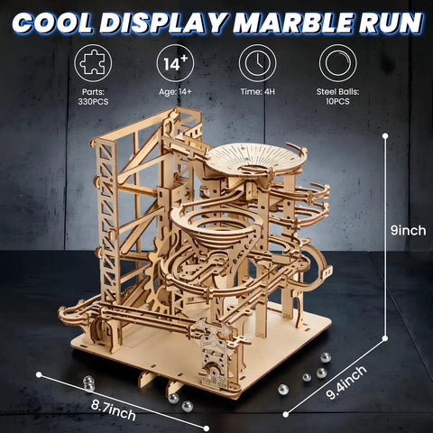 3D Wooden Marble Run Puzzle Kit For Adults, Mechanical Wood Roller Coaster Model, Brain Teaser Build, 330 Pieces, DIY Hobby Gift, Christmas Craft Kit, Home Decor Gift For Puzzle Lovers, 8.7x9.5x10 in wood model