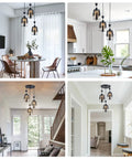Three Light Industrial Pendant Lights With Amber Glass Shade And Adjustable 0 To 47 Inch Rubber Cord Black Metal Cage Fixture