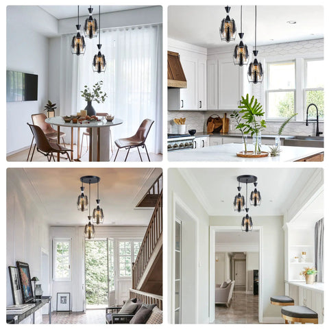 Three Light Industrial Pendant Lights With Amber Glass Shade And Adjustable 0 To 47 Inch Rubber Cord Black Metal Cage Fixture