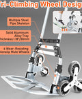 Heavy Duty Aluminum Stair Climber Cart With Six Wheels And Telescoping Handle details including wheel design and steel skeleton