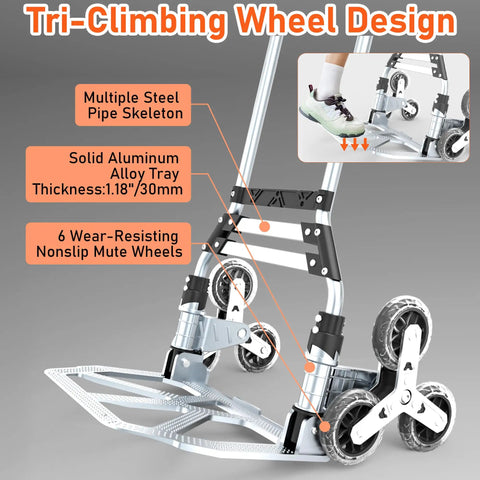 Heavy Duty Aluminum Stair Climber Cart With Six Wheels And Telescoping Handle details including wheel design and steel skeleton