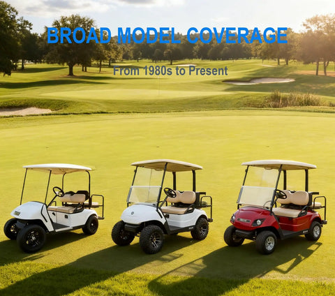 Top Shelf Universal Golf Cart Key Set Including Eight Heavy Duty Replacement Keys Plus Four Slick Rings For Ezgo Club Car Yamaha Carts shown on golf course.
