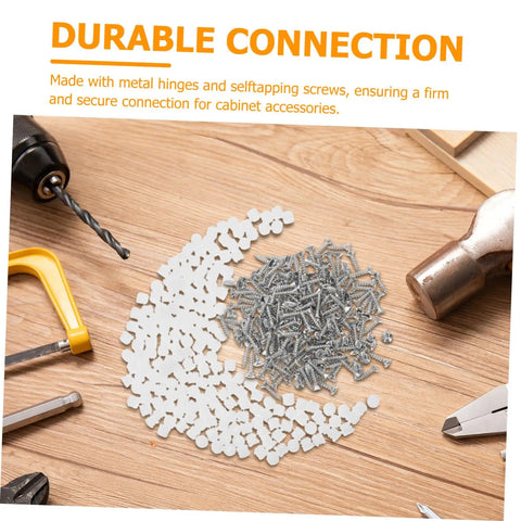 Two Hundred Piece Cabinet Fitting Kit With Rock Solid Self Tapping Screws And Heavy Duty Metal Connectors, screws and connectors on wooden surface.