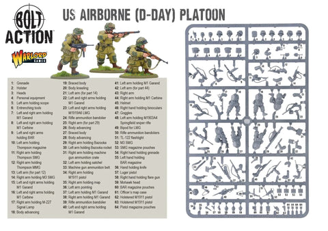US Airborne D Day Platoon 28mm miniatures for Bolt Action War Gaming Kit with 30 plastic infantry in M42 jump uniforms sprue