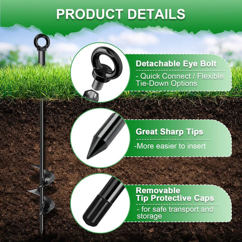Heavy Duty 30 Inch Ground Anchor Kit For Sheds And Gazebos Screw In Earth Anchors with detachable eye bolt and sharp tips.