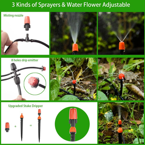 Drip Irrigation Kit 280 Pcs 147 Ft Garden Watering System with sprayers and drip emitters in garden settings