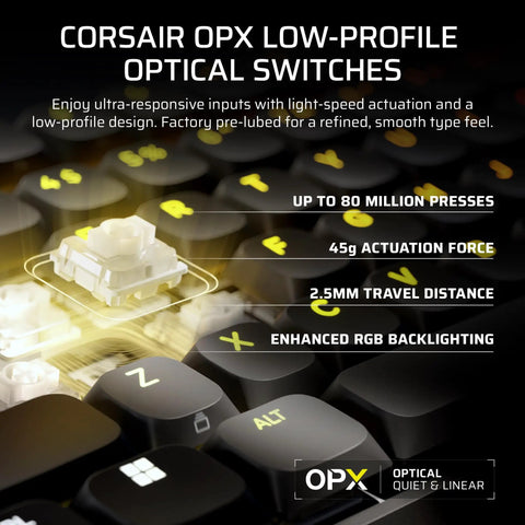 Next Level Wireless RGB Gaming Keyboard With Sleek Aluminum Build And Zero Clutter 99 Percent Layout Providing Crisp Feedback And Stream Deck Integration For A Clean Desk Flex Every True Gamer Swears By featuring Corsair OPX low-profile optical switches.