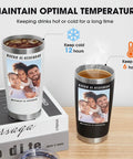 Custom 20oz Personalized Stainless Steel Coffee Tumbler With High Def Photo And Text Artwork showing hot and cold drink capabilities.