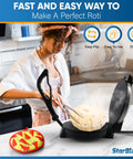 Woman using Starblue 10 Inch Electric Roti Maker With Non Stick Plates And Removable Handle Plus Free Roti Warmer to cook roti.