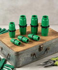Heavy Duty Expandable Garden Hose Repair Kit With Dual Quick Connectors For 5/8 3/4 Inch Fittings Fits 25 50 75 100 Feet Leaks Green Color 4 Pack Set Drip Irrigation Parts For Easy Fix And Maintenance, green hose connectors on case