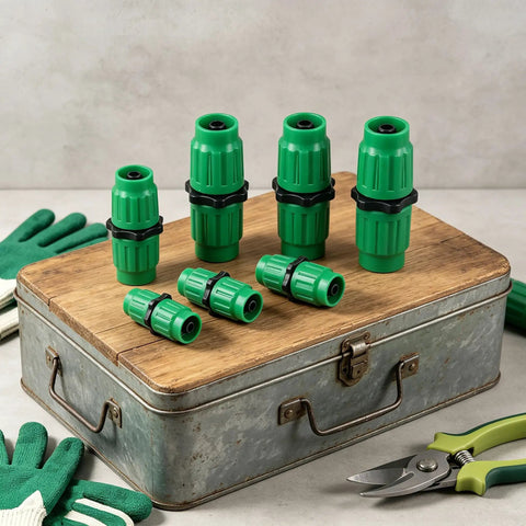 Heavy Duty Expandable Garden Hose Repair Kit With Dual Quick Connectors For 5/8 3/4 Inch Fittings Fits 25 50 75 100 Feet Leaks Green Color 4 Pack Set Drip Irrigation Parts For Easy Fix And Maintenance, green hose connectors on case