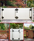 Anti Sag Gate Kit with Heavy Duty 90 Degree Hinges on wood and white garden gates, corner brace, powder coated steel.