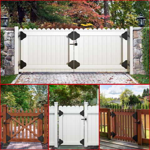 Anti Sag Gate Kit with Heavy Duty 90 Degree Hinges on wood and white garden gates, corner brace, powder coated steel.
