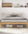 Heavy Duty King Size Wood Platform Bed Frame With Bulletproof Rubber Wood Construction And Slick Natural Finish in modern bedroom setup.