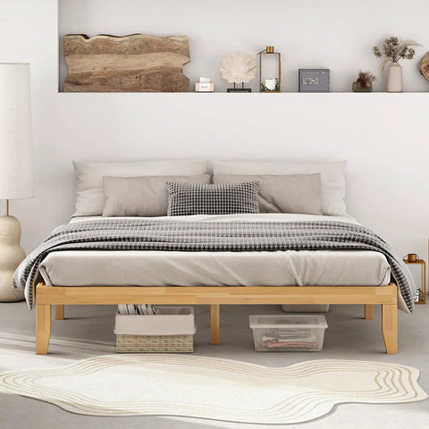 Heavy Duty King Size Wood Platform Bed Frame With Bulletproof Rubber Wood Construction And Slick Natural Finish in modern bedroom setup.