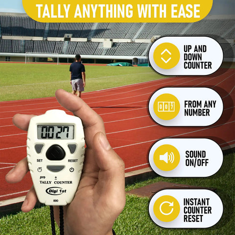 Slick Digital Tally Counter With Up And Down Clicker For Golf Laps Knitting And Crowd Counting Hella Fast Reset in a hand on a track.