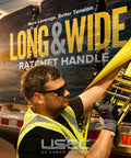 Worker securing Two Pack 4 Inch Ratchet Straps 27 Foot With Flat Hooks And Built In Defenders Beefy Yellow Polyester Tie Downs