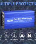 Straight Up Reliable Pure Sine Wave Power Inverter DC 12V To AC 110V 1500W features multiple protection systems and blue housing.