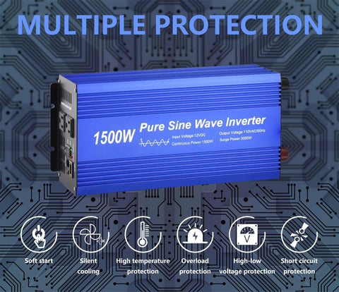 Straight Up Reliable Pure Sine Wave Power Inverter DC 12V To AC 110V 1500W features multiple protection systems and blue housing.