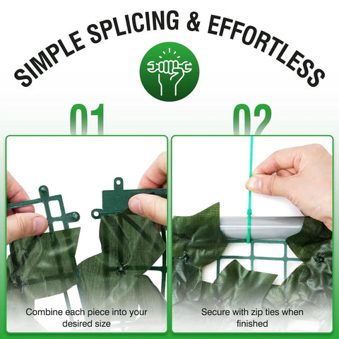 Two steps to install Artificial Ivy Privacy Fence Wall Screen 120 By 40 Inches 12 Pack Of 20 By 20 Inch Panels, using zip ties.