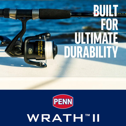 Wrath II Six Foot Six Inch Fishing Rod And Spinning Reel Combo Size 2500 on boat deck showcasing durability features.