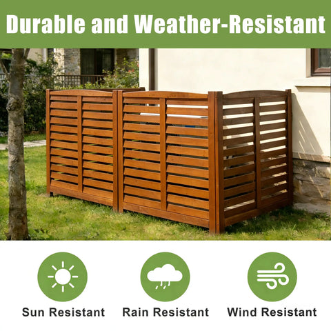 32 Inch Wide By 38 Inch High Three Panel Outdoor AC Fence Screen For Hiding Exterior Unit Trash Cans And Pool Equipment No Dig Wood Privacy Panels With Flexible L Shape Or U Shape Setup Natural Finish showcasing weather-resistant cedar panels in a yard.