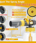 Dual Connector Foam Cannon Gun For Pressure Washer Quick Connect One Quarter Inch Dual Mode Foam And Water Spray Car Wash Soap Cannon Kit With 5 Nozzle Tips For Fast Easy Car Wash Results with adjustable spray angle and adjustable foam concentration features shown in close-up view.