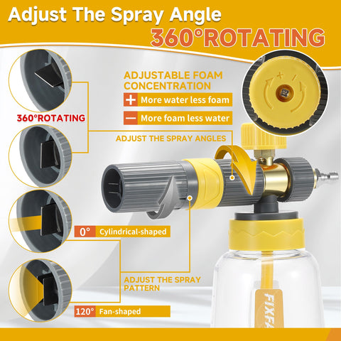 Dual Connector Foam Cannon Gun For Pressure Washer Quick Connect One Quarter Inch Dual Mode Foam And Water Spray Car Wash Soap Cannon Kit With 5 Nozzle Tips For Fast Easy Car Wash Results with adjustable spray angle and adjustable foam concentration features shown in close-up view.