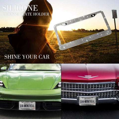 Sparkly Bling License Plate Frame For Women, Stainless Steel With 14 Facet Clear Crystal Rhinestones, Bedazzled Car Plate Border With Scratch Resistant Edge, Free Glitter Diamond Box Included displayed with cars and sunset.