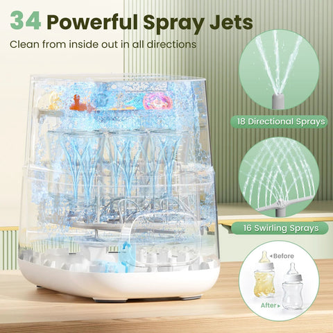Front view of MOLWAY Upgraded Bottle Washer Pro, clear plastic baby bottle sterilizer and dryer with sprays.