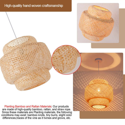 Handwoven Bamboo Pendant Light For Boho Farmhouse Vibe, 15.75 Inch Rattan Hanging Lamp with natural wicker design
