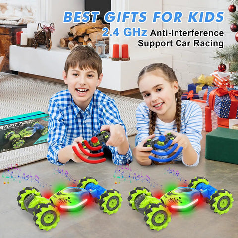Kids playing with Gesture RC Car 2.4GHz 4WD Hand Control And Gesture Sensing Stunt Car, lights and music on display