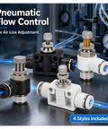 One Way Flow Control Throttle Valve For Pneumatic Systems With Push In Fitting Adjustable Air Flow Regulator For Industrial Pneumatic Lines Compatible With SL SA And SC Models And Designed For Easy Setup, 4 styles shown