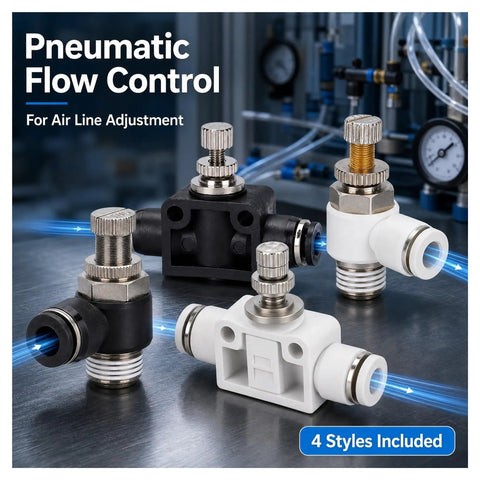 One Way Flow Control Throttle Valve For Pneumatic Systems With Push In Fitting Adjustable Air Flow Regulator For Industrial Pneumatic Lines Compatible With SL SA And SC Models And Designed For Easy Setup, 4 styles shown