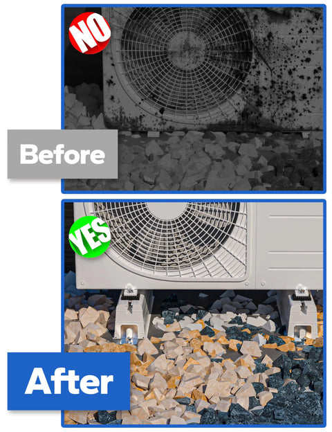 Comparison showing before and after using Heavy Duty Mini Split Condenser Pad Floor Mount Base Pad 15.74 Inch Long Beefy Anti Vibration Stand