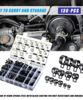 Beefy Spring Hose Clamp Kit With Pliers 130 Piece 6 To 25 mm Assortment in case with automotive engine application shown