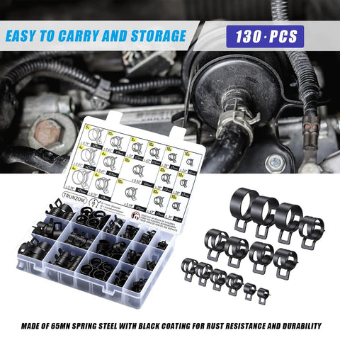 Beefy Spring Hose Clamp Kit With Pliers 130 Piece 6 To 25 mm Assortment in case with automotive engine application shown