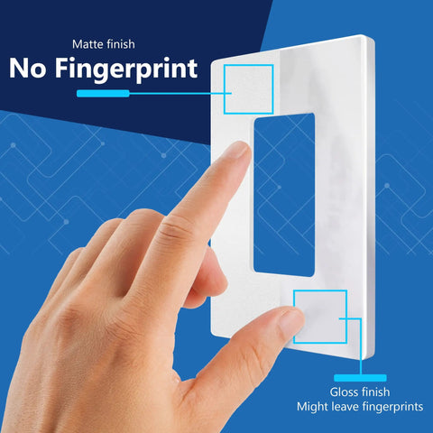 Hand touching Matte White Screwless Decorator Switch Cover 1-Gang Wall Plate Mid Size 4.88 By 3.11 In Thermoplastic UL Listed 1 Pack