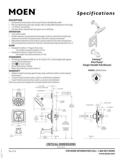 Conway Chrome Posi-Temp Shower Trim Set With Square Showerhead, Lever Handle, And Tub Spout, specification sheet.