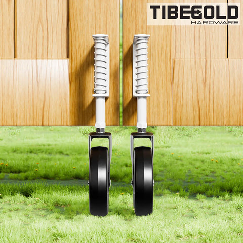 Heavy Duty 5 Inch Spring Loaded Gate Caster Smooth Operator Design For Outdoor Wooden Fences with white housing and black wheels.