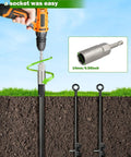 Beefy Heavy Duty Ground Anchors Kit 4 Pack 30 Inch Anchors installation with drill and socket shown in soil cross-section.