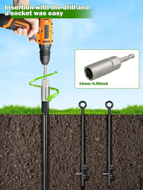 Beefy Heavy Duty Ground Anchors Kit 4 Pack 30 Inch Anchors installation with drill and socket shown in soil cross-section.