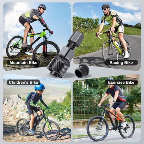 Heavy Duty Bike Crank Puller Tool for Square Taper and Splined Cranks, shown with mountain, racing, children's, exercise bikes.