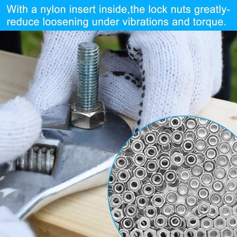Close-up of Top Shelf 112 Pack 1/4 20 Hex Lock Nuts Cut From Pure 304 Stainless Steel Featuring Nylon Inserts in use on a bolt.